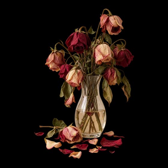 Un mazzo di rose appassite in un vaso