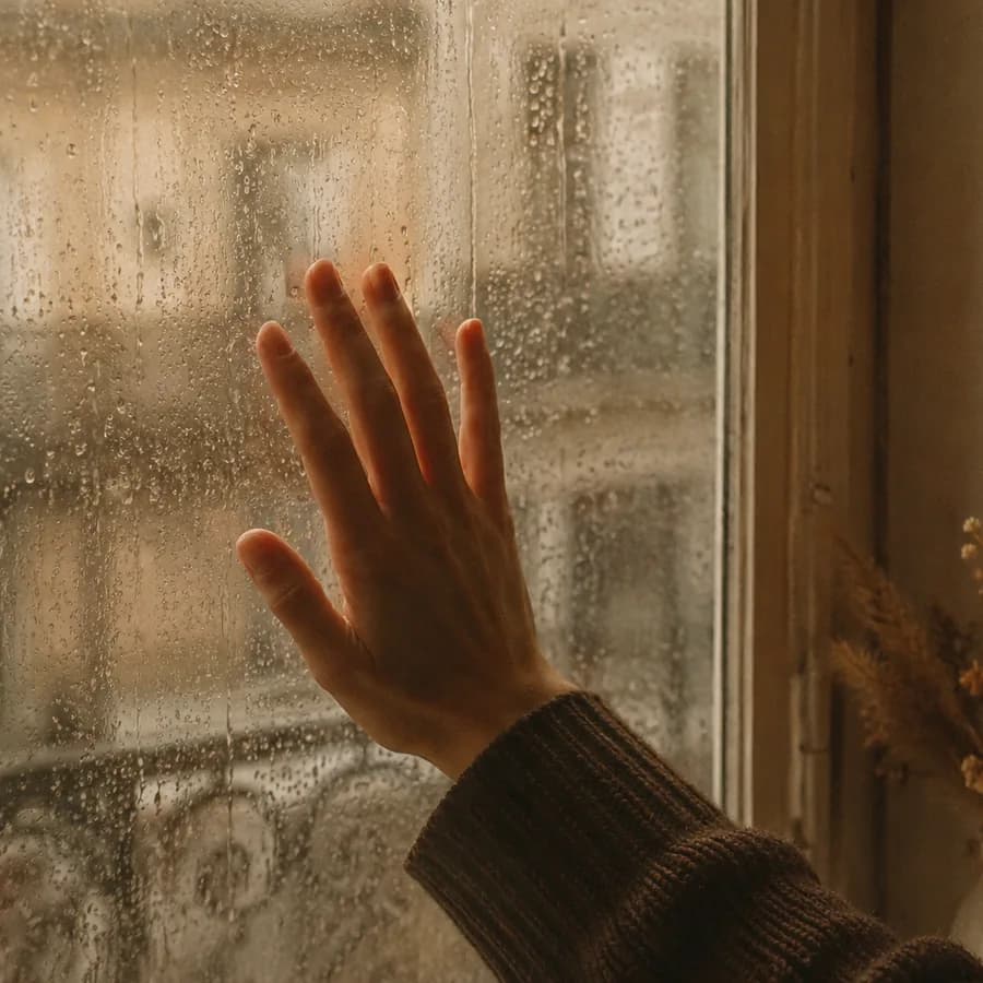 Une main posée contre une vitre, la pluie au dehors