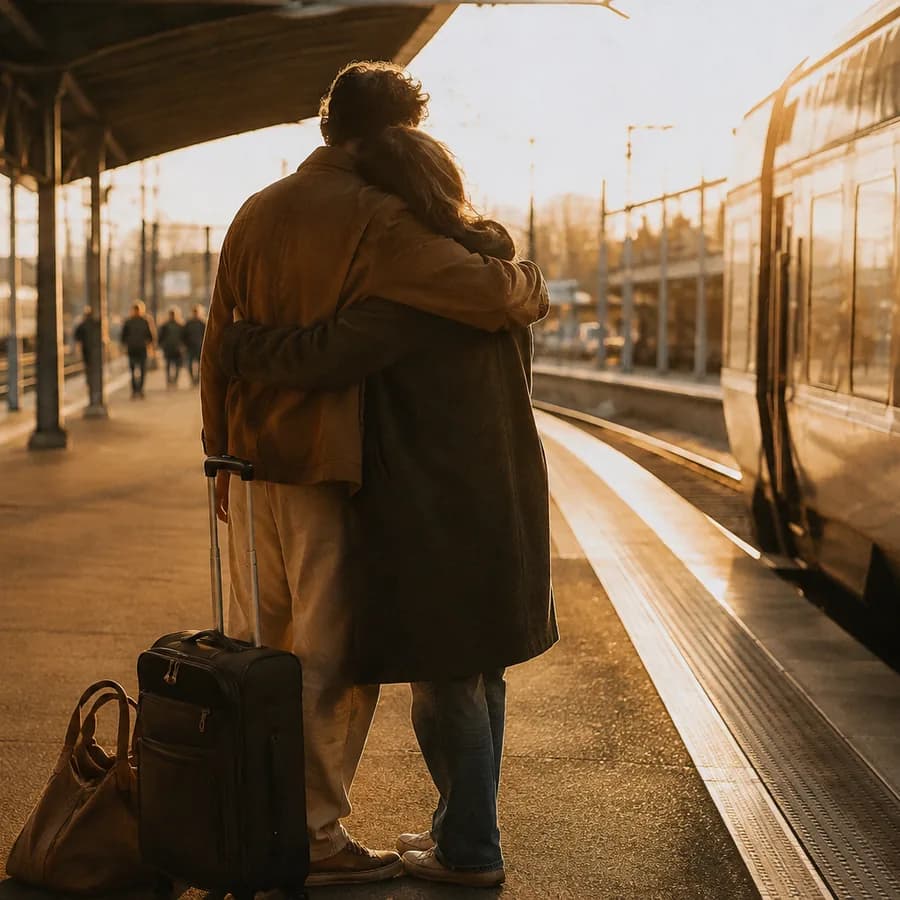 Deux personnes s'enlaçant sur un quai de gare